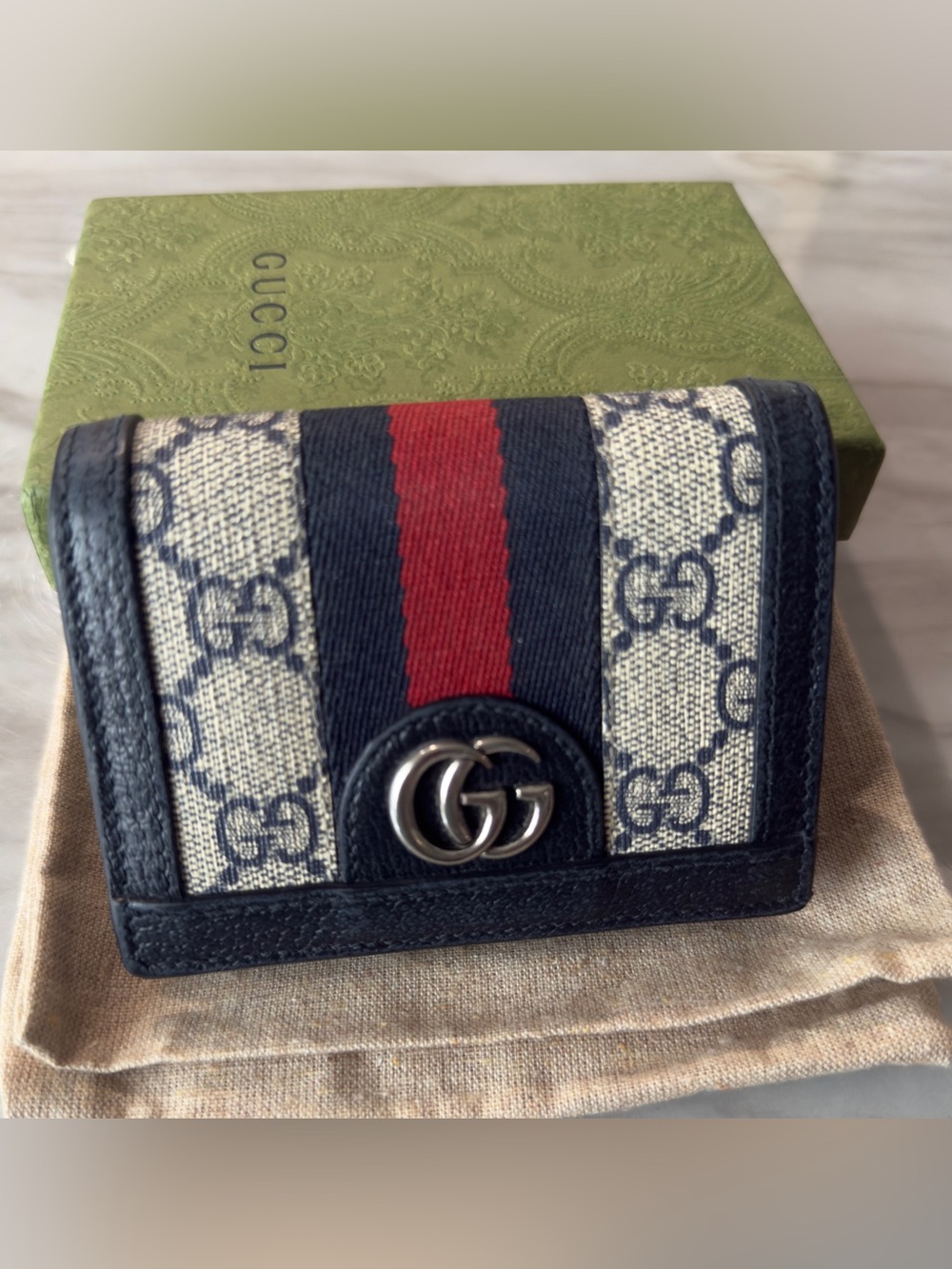 Gucci Supreme Monogram Textured Dollar Calfskin Web Ophidia Card Case Beige Blue